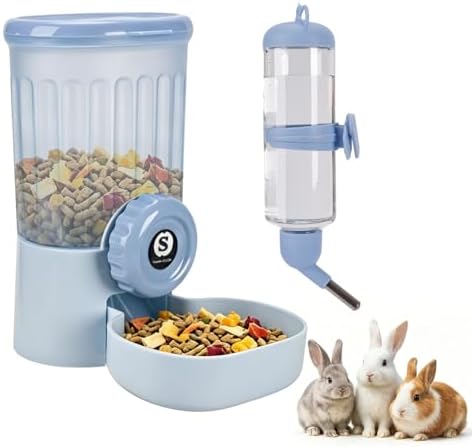 Sangle Sopffy Rabbit Feeder and Water Dispenser Set, Gravity Food Bowl with Water Bottle for Cage, Small Animal Feeding Station for Bunny, Guinea Pig, Chinchilla, Ferret, Hedgehog, Blue 2-Piece Set