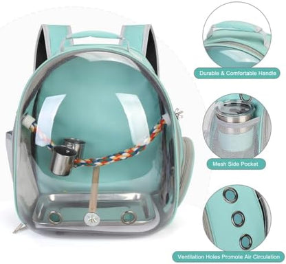 Bird Travel Carrier, Bird Backpack Cage with Rope & Wood Perches Tray Food Bowl, Portable Clear Bubble Window Breathable Mesh Bag for Small Medium Parrots Cockatiel Parakeet Budgies Conures Lovebirds