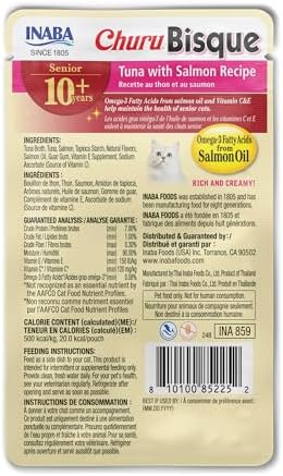 INABA Churu Bisque for Cats Senior 10+, Creamy Purée Side Dish Pouch, 1.4 Ounces per Pouch, 12 Pouches Total, Tuna with Salmon Recipe