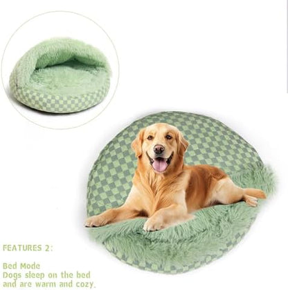 Cat Bed Hooded Plush Nest with Self-Warming Cozy Cave, Calming Anti-Anxiety Pet Bed for Indoor Cats & Small Dogs, Removable Washable Cover & Waterproof Bottom - Green