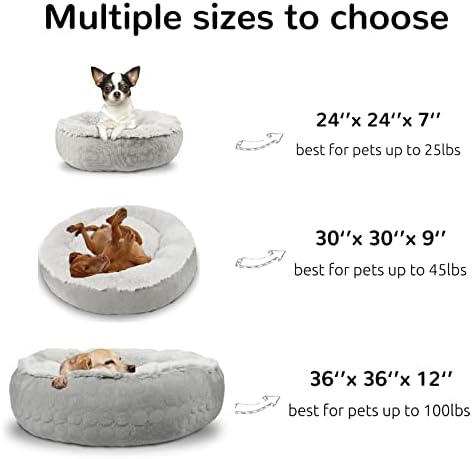 Hachikitty Dog Donut Round Calming Bed, Fluffy Bed for Medium Large Dogs, Double Sided with Warm & Cool Sides (24"x24"x7", Grey)