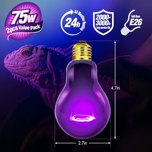 Leoterra 75W Reptile Night Heat Lamp, Purple Moonlight Heat Bulb for Snake, Bearded Dragon, Gecko, Turtle, Lizard Terrarium, Night Heating Bulb, E26 Base, 2-Pack