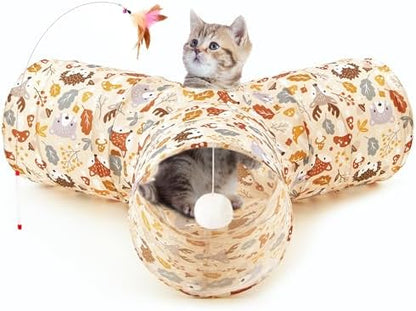 Tempcore Cat Tunnel, 3-Way Collapsible Toy for Indoor Cats, Beige Deer