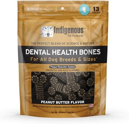 Indigenous Pet Dental Health Bones Regular – Peanut Butter (17 Ounce) | Grain-Free Dog Chews with Prebiotics & Omegas | Freshens Breath, Supports Digestive, Skin & Coat Health |