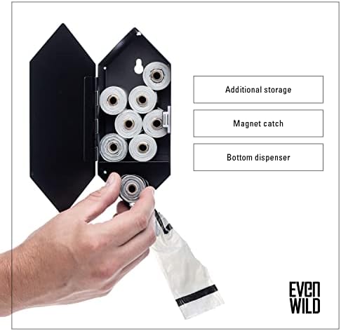 Dog Poop Bag Dispenser with 8 Poop Bag Rolls, Stainless-Steel Dog Bag Holder with Magnetic Door Closure, Indoor and Outdoor Poop Bag Dispenser, Holds 8-9 Rolls, 7.75" x 3.25", Black/Grey