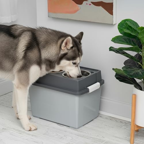IRIS USA Elevated Dog Bowls 15" H, up to 47 lb Storage, Gray/Dark Gray