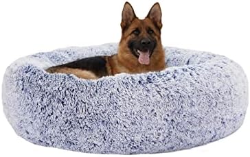 Bedfolks Calming Fluffy Donut Dog Bed for X-Large Dogs,Navy Blue,45" Round