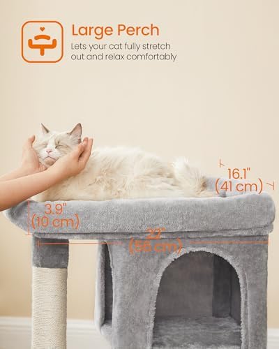 Feandrea Cat Tree, 33.1-Inch Cute Cat Tower, Plush Kitten Condo, Light Gray