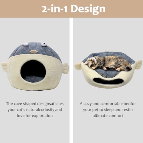 Cat Beds for Indoor Cats-19.7''Cute Pufferfish Larger Cat Cave Bed,Grey XL