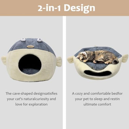 Cat Beds for Indoor Cats-19.7''Cute Pufferfish Larger Cat Cave Bed,Grey XL