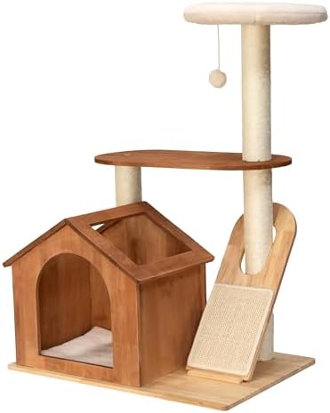 Kitty City Wooden Cat Tower with Hideaway House & Scratching Pad, Modern Two-Level Indoor Cat Furniture with Removable Sherpa Cushion