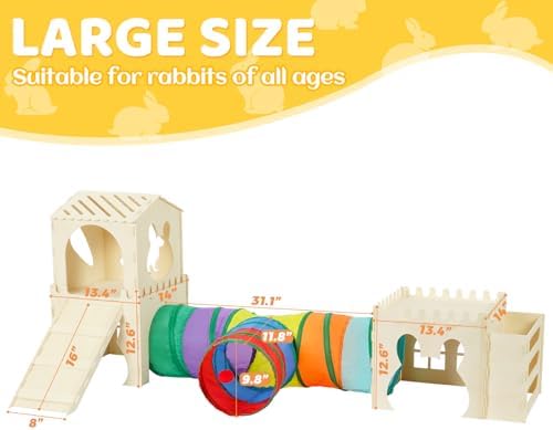 Extra Large Rabbit Hideout, Wooden Bunny Castle with Tunnel and Stair, Rabbit House Tower with Hay Feeder Sturdy Habitat for Guinea Pig Chinchilla Ferret Hamster
