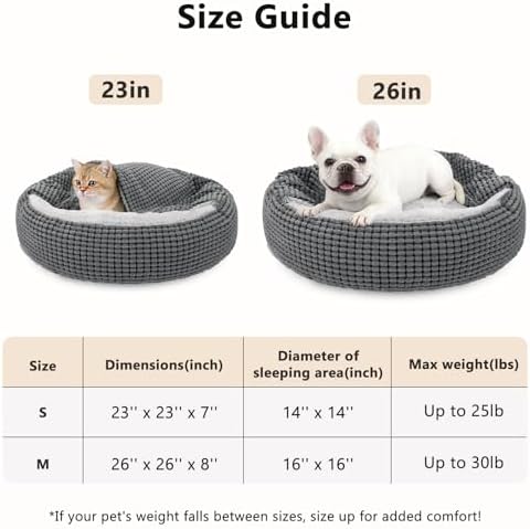 Dog Bed with Attached Blanket for Small Dogs or Cats, Soft Plush Cozy Donut Cuddler Hooded Pet Beds Washable. Round Puppy Bed Orthopedic, Calming Cat Cave Bed. Anti-Slip Bottom 26inch
