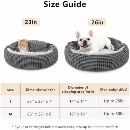 Dog Bed with Attached Blanket for Small Dogs or Cats, Soft Plush Cozy Donut Cuddler Hooded Pet Beds Washable. Round Puppy Bed Orthopedic, Calming Cat Cave Bed. Anti-Slip Bottom 26inch