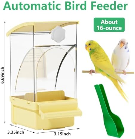 Hamiledyi Automatic Bird Feeder No Mess Bird Cage Feeder Transparent Acrylic Parrot Seed Food Container with Perch Cage Accessories for Parakeet Finch Lovebirds Budgies Canary (Yellow)