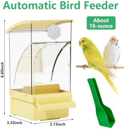 Hamiledyi Automatic Bird Feeder No Mess Bird Cage Feeder Transparent Acrylic Parrot Seed Food Container with Perch Cage Accessories for Parakeet Finch Lovebirds Budgies Canary (Yellow)