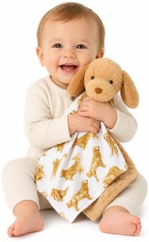 Mud Pie Golden Retriever Woobie Lovey Blanket, Plush Baby Security Blanket with Chime Rattle and Minky Lining