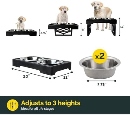 Pet Zone Designer Diner Elevated Stainless Steel Dog Bowls Set, 3 Heights