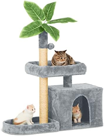31.5inch Small Cat Tree Tower Condo for Indoor Cats, Soft Plush Multi-Level Climbing Tree Cat House with Cat Cave, Scratching Post, Sisal Rope, Grey