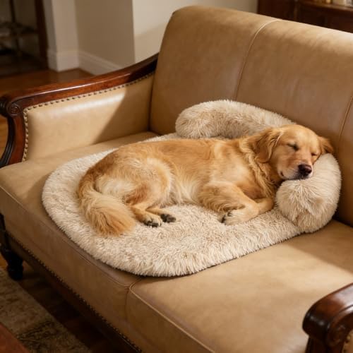 Orthopedic Dog Bed with Egg-Crate Base, Calming Dog Beds Fluffy Plush Faux Fur with Raised Edges, Spine Friendly Pet Sleeping Mat for Medium Large Dogs, Machine Washable (Oval, Beige 40"x30")