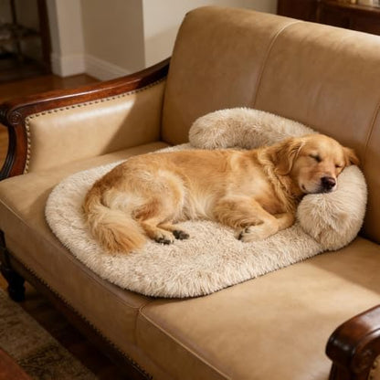 Orthopedic Dog Bed with Egg-Crate Base, Calming Dog Beds Fluffy Plush Faux Fur with Raised Edges, Spine Friendly Pet Sleeping Mat for Medium Large Dogs, Machine Washable (Oval, Beige 40"x30")