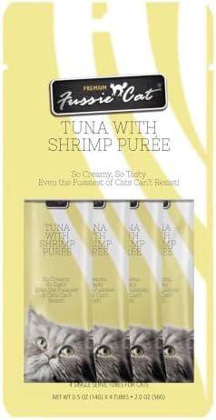 Fussie Cat Tuna with Shrimp Puree, lickable cat Treats, 0.5oz Pouch Pack of 4