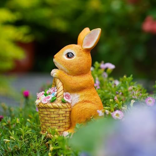 Fairy Garden Statues,Fairy Garden House with Solar Powerd Night Light,Yard Decorations Outdoor Fairy Garden Accessories Decor for Outside (Rabbit Flower Basket)