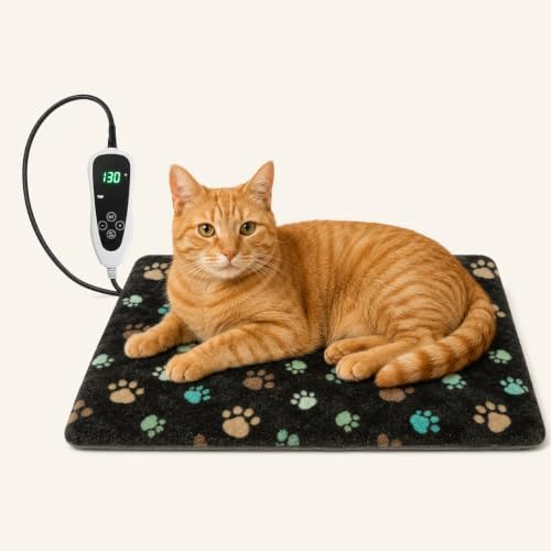GOLOPET Cat Heating Pad 18x18 in with Smart Thermostat Switch and Power Line Protection Tube,Obtained MET and UL Dual Certification,Waterproof Pet Heating Pad for Cats, with Black Cloth Cover