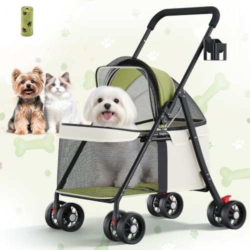 GTPLAYER Foldable Pet Stroller for Small Dogs & Cats up to 33 lbs, Pet Stroller with 360° Swivel Lockable Front Wheels, Rear Brakes, Safety Tethers, Breathable Mesh, Cup Holder, Lime Green