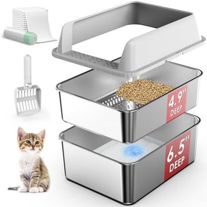 2PK Stainless Steel Litter Box with Lid, High Sided Sifting Litter Boxes for Pine Pellets, 17.3"x13.4"x10.5" Enclosed Metal Litter Box for Small Cats & Multi‑Cat Homes, Anti-Leakage, Easy Cleaning