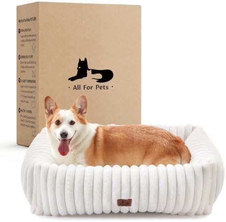 Dog Bed Medium Size Dog, Rectangle Orthopedic Pet Bed for Car and Indoor, Comfort Fluffy Memory Foam Dog Beds with Anti-Slip Bottom, Cream (30x24x8 inches)