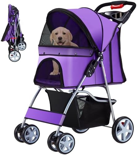 Foldable Pet Stroller 4 Wheels for Small Medium Dogs Cats,Purple