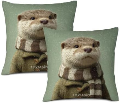 InkRain Winter Animal Cute Otter Pillow Cover 12x12 Inch Set of 2 Home Decor Decorative Cotton Linen Illustration Pillowcases for Living Room House Sofa