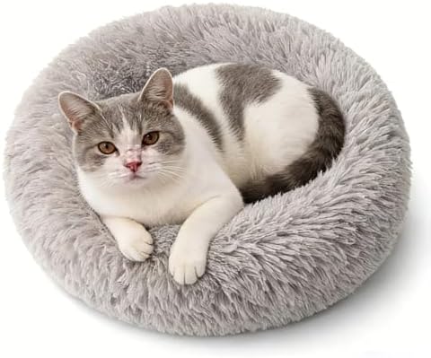 SALAN Calming Dog Bed for Small Dogs & Indoor Cats, 20 Inch Donut Pet Bed, Washable Round Fluffy Plush Faux Fur Cushion with Raised Rim & Anti-Slip Bottom, Soft Cozy Bed Fits Pets Up to 25 lbs (Brown)