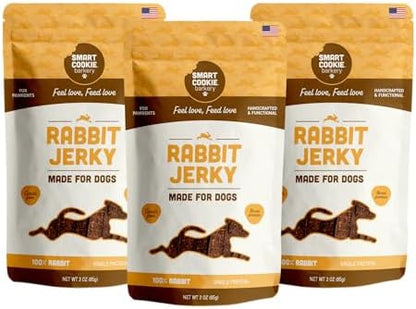 Smart Cookie Single Ingredient Rabbit Jerky Dog Treats - Training Treat Strips for Dogs and Puppies with Allergies, Sensitive Stomachs - Dehydrated, 100% Meat, Grain Free, Made in USA - 3oz, Pack of 3