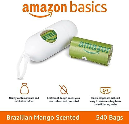 Amazon Basics Premium Leak Proof Dog Poop Bags with Dispenser and Leash Clip, Brazilian Mango Scented, 13" x 9", 540 Count (36 Rolls of 15)