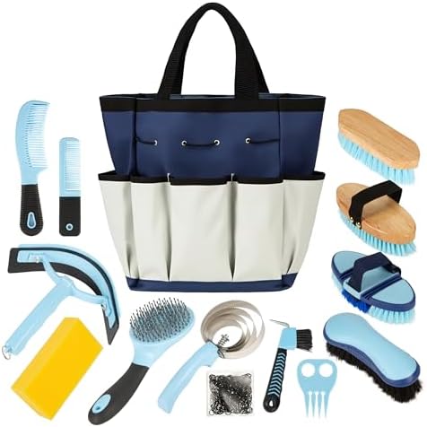 Horse Grooming Kit, 14-in-1 Professional Horse Brush Supplies Set for Grooming & Care, with Horse Brushes, Curry Comb, Hoof Pick & Waterproof Storage Tote Bag for Shining, Detangling, Massaging(Blue)