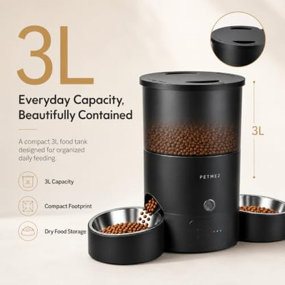 3L Cat Treat Dispenser with Dual Stainless Steel Cat Bowls - Quiet Automatic Cat Feeder for 2 Cats with App Control, 2 Way Audio, Dual Power Options, Self-Feeding Cat Food Dispenser - Black