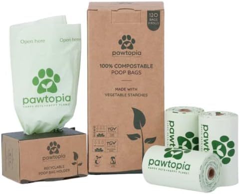 Pawtria Home Compostable Dog Poop Bags (120) with Paper Poop Bag Dispenser