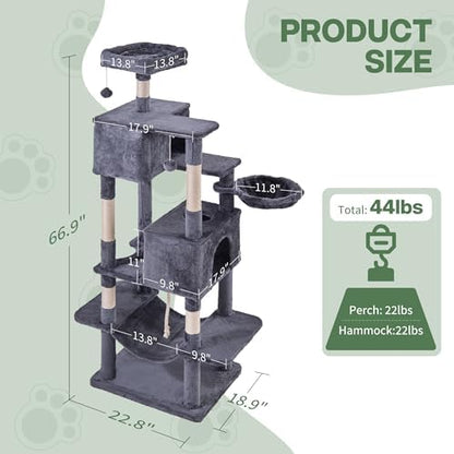 Cat Tree for Indoor Cats, 66 Inches Cat Tower with Scratching Post, Multi-Level Climbing Tree Cat House Padded Plush Perch, Cat Condo Activity Center with Pompoms, Kittens Pet Play House, Dark Gray