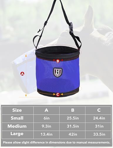 Harrison Howard Horse Muzzle Feed Bag Nylon Mesh Grain Feed Bag with Padded Neck Strap Adjustable Belt Dark Blue Medium