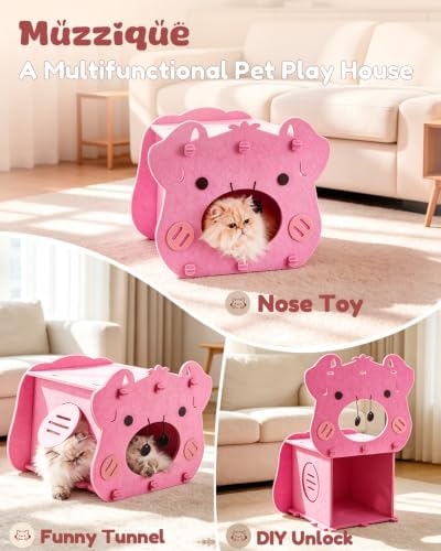 Cute Cat Bed, Pink Pig Cat House, Hideaway Cave with Perch, for Indoor Cats
