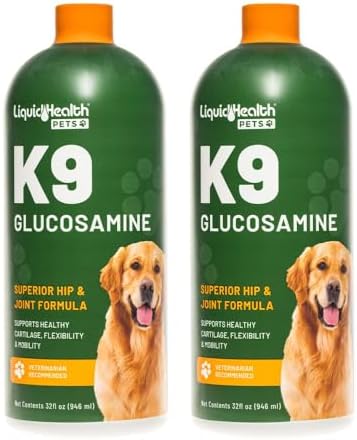 LIQUIDHEALTH Pets K9 Liquid Glucosamine for Dogs, Puppies, Senior Canines with Chondroitin, MSM, Hyaluronic Acid - Dog Vitamins for Hip Joint Health, Dog Joint Oil, Joint Juice - Made in USA (2 Pack)