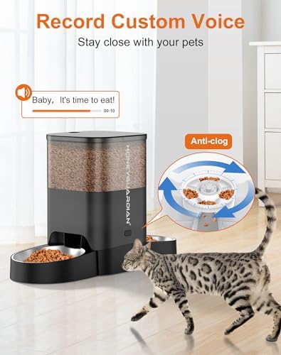 HoneyGuaridan Automatic Cat Feeder for 2 Cats, 2.4/5G WiFi Smart Feed Pet Feeder with Stainless Steel Bowl,APP Control Dispenser, Dual Power Supply,Desiccant Bag,10s Meal Call Black
