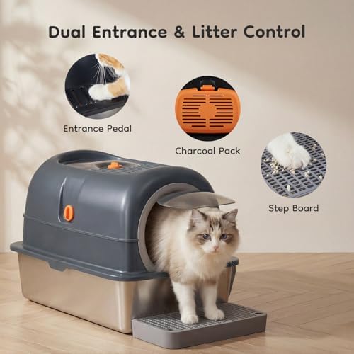 OLIXIS Stainless Steel Enclosed Litter Box with Lid, High Sided