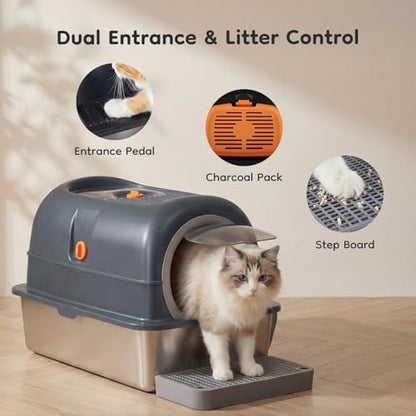OLIXIS Stainless Steel Enclosed Litter Box with Lid, High Sided
