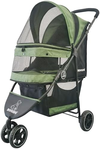 ROODO 3 Wheel Pet Stroller Best Lightweight Foldable Compact Portable Jogger All Terrain Travel Pet Gear Puppy Kitty Stroller for up to 30lbs Medium Small Dogs and Cats(Green)