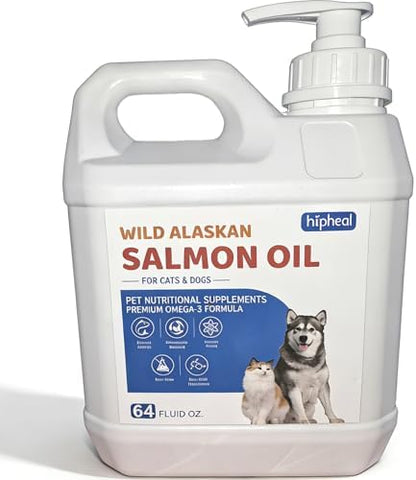 Wild-Caught Salmon Oil for Dogs & Cats - Omega 3 EPA DHA,Fish Oil Liquid Supplement for Skin & Coat Health (64 FLOZ Fish Oil)