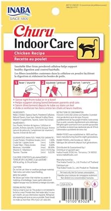 INABA Churu Indoor Care for Hairball Control, Functional Lickable Cat Treat with Taurine & Green Tea Extract, 0.5oz Each, Tubes, Chicken Recipe (Pack of 48)