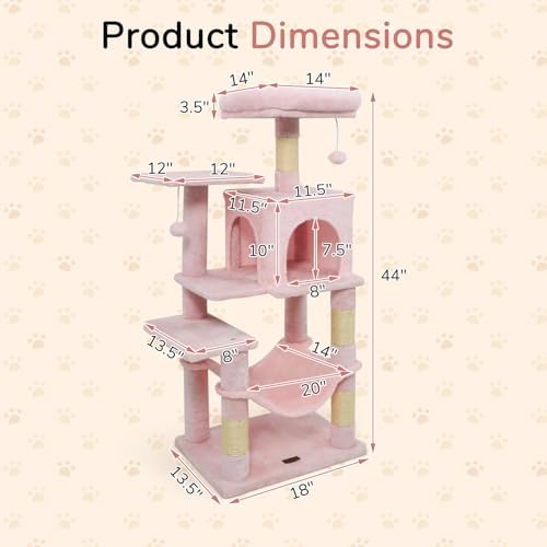 DORTALA Cat Tree for Indoor Cats, 44" Modern Cat Tower with Top Perch, Condo, Hammock, Sisal Scratching Posts, Dangling Balls, Platforms, Multi-Level Pet Climbing Furniture Playground (Pink)